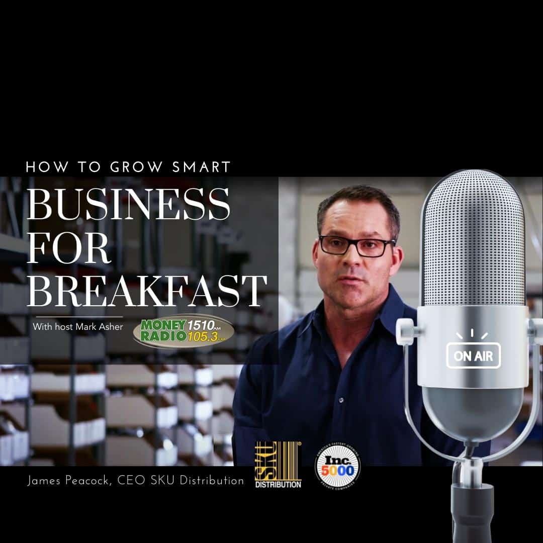 Promo graphic for the Business for Breakfast radio segment on Money Radio 1510 AM featuring SKU Distribution and the Inc. 5000 ranking