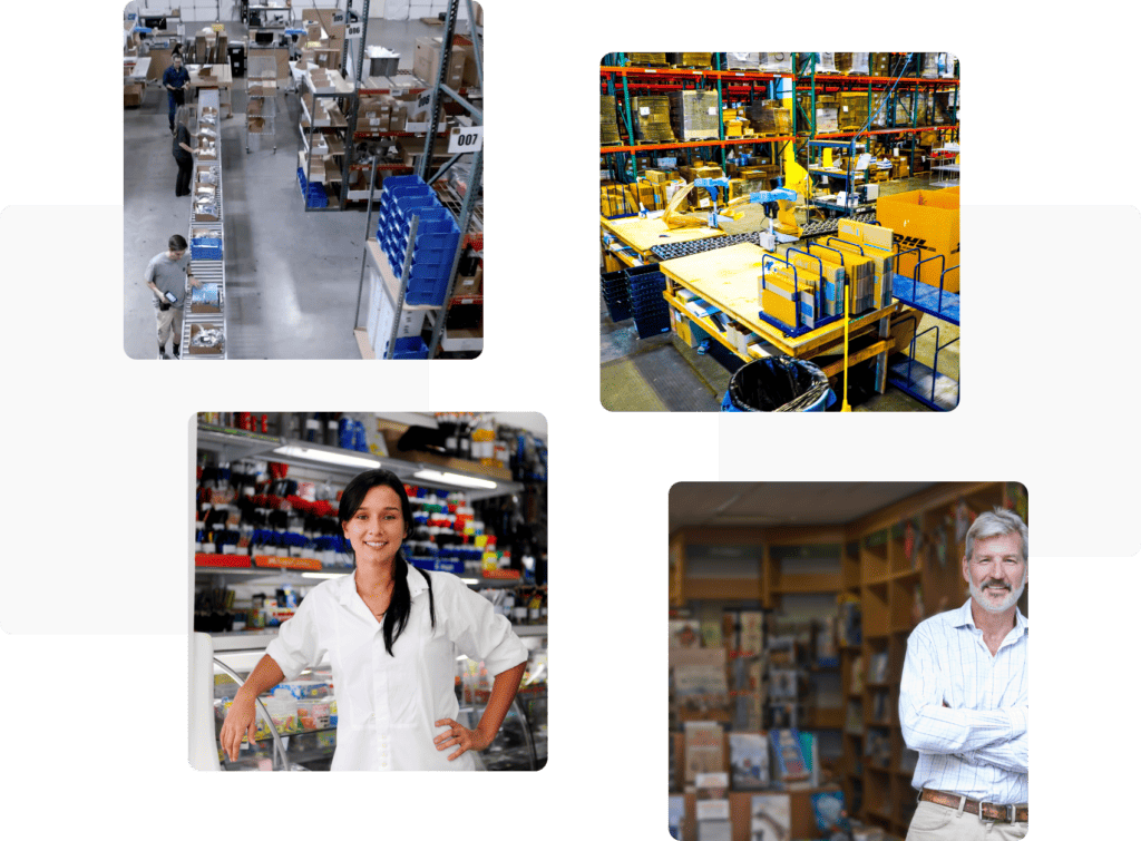 Collage of SKU warehouse operations and team members at work