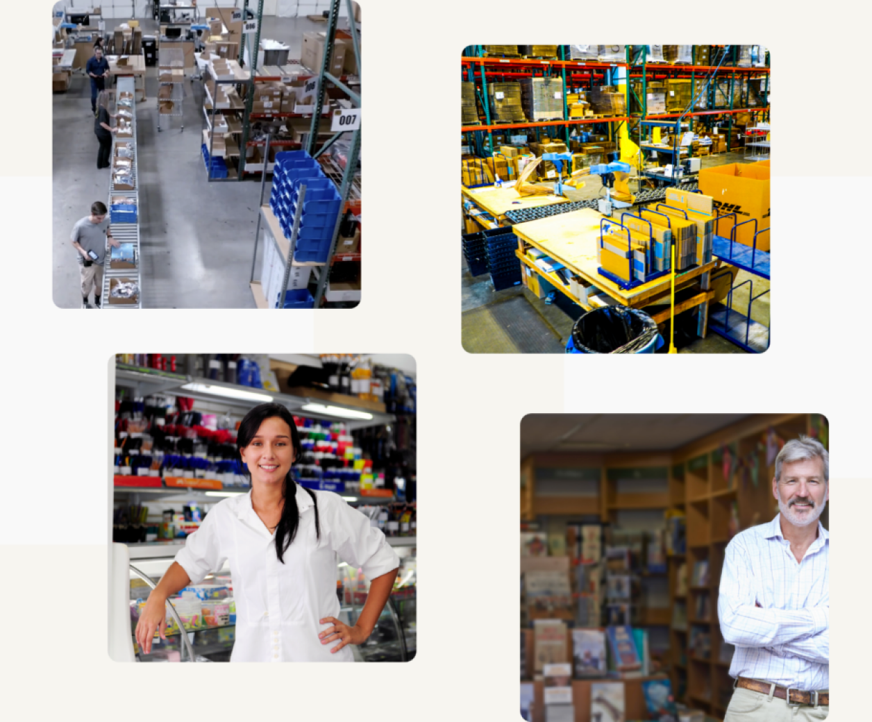Collage of SKU warehouse aisles, a packing station and two store owners