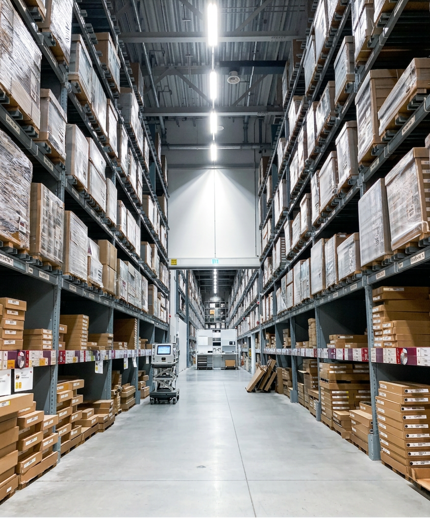 Long warehouse aisle with high pallet racking full of goods
